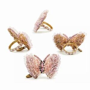 MacKenzie-Childs Pink Butterfly Hill Beaded Napkin Rings 4pc in Original Box